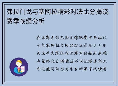 弗拉门戈与塞阿拉精彩对决比分揭晓赛季战绩分析